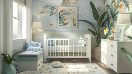 Charming kid's room with a crib, drawers for storage, and a table for play or study.