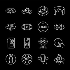 360-degree view, white line icons. Devices and content for complete VR and AR experiences. Perfect for tech and immersive media themes. Symbols on black background. Editable stroke.