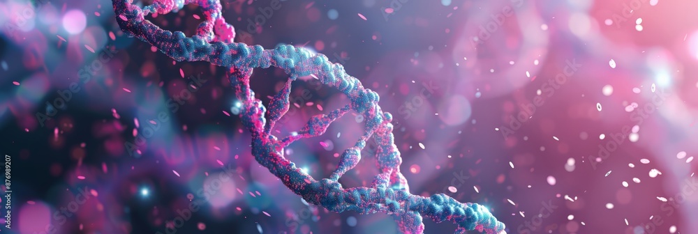 Aufkleber close-up view of a blue dna strand with a network of connecting lines. genetic research and biotechn