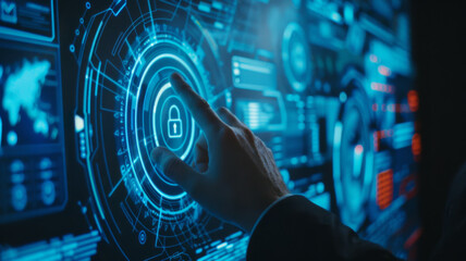 Businessman use forefinger touching security button on virtual screens, internet technology