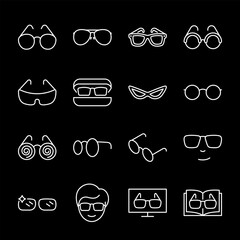Glasses, white line icons. Eyewear for reading, accessories, and sunglasses in various styles. Ideal for fashion and health visuals. Symbols on black background. Editable stroke.