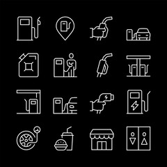 Gas station, white line icons. Fuel pumps, EV charging, service stations, and convenience store amenities. Perfect for transportation and travel themes. Symbols on black background. Editable stroke.