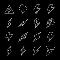 Lightning, white line icons. Different shapes and representations of lightning. Ideal for weather, energy, and technology visuals. Symbols on black background. Editable stroke.
