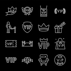 VIP, white line icons. Symbols representing personal privileges, premium status, and exclusive services. Essential for luxury and high-end themes. Symbols on black background. Editable stroke.