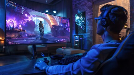 A young man sits in a chair in front of a curved monitor, playing a video game. The game features a futuristic setting and the player is holding a gaming controller.