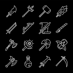 Ancient weapons, white line icons. Various historical weapons such as swords, hammers, axes, and crossbows. Ideal for historical and fantasy themes. Symbols on black background. Editable stroke