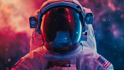 Front view astronaut potrait. Astronaut in space suit with galaxy and nebula reflection in helmet glass