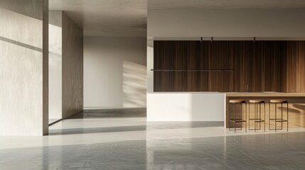 Interior of a luxurious kitchen with white walls, a concrete floor, a long bar stand holding a few stools,