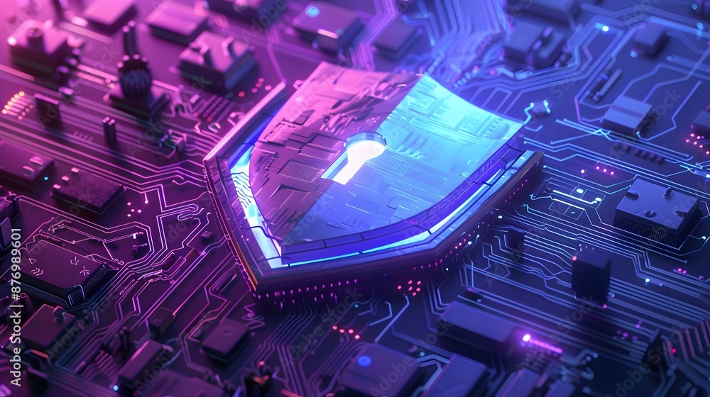 Poster futuristic digital shield on a glowing circuit board representing cybersecurity and data protection 