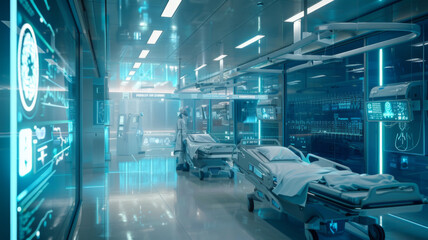 Obraz premium Medical technology hospital setting showcasing use computer technologies for treatment. Concept Hospital Technologies