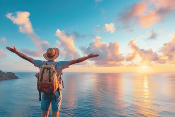 Excited traveler sky vacation outdoors.