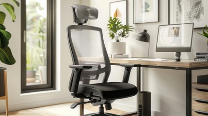 A black and gray office chair with a mesh back and adjustable headrest sits in front of a desk with a computer monitor.