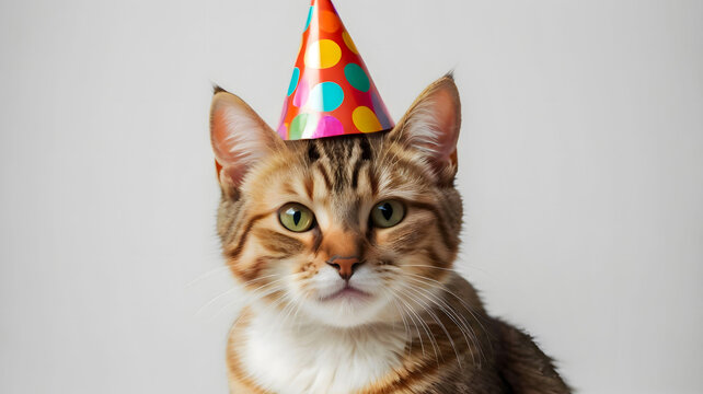 Cute cat wearing a party hat, perfect for celebrations, birthdays, adoption day, happy gotcha days