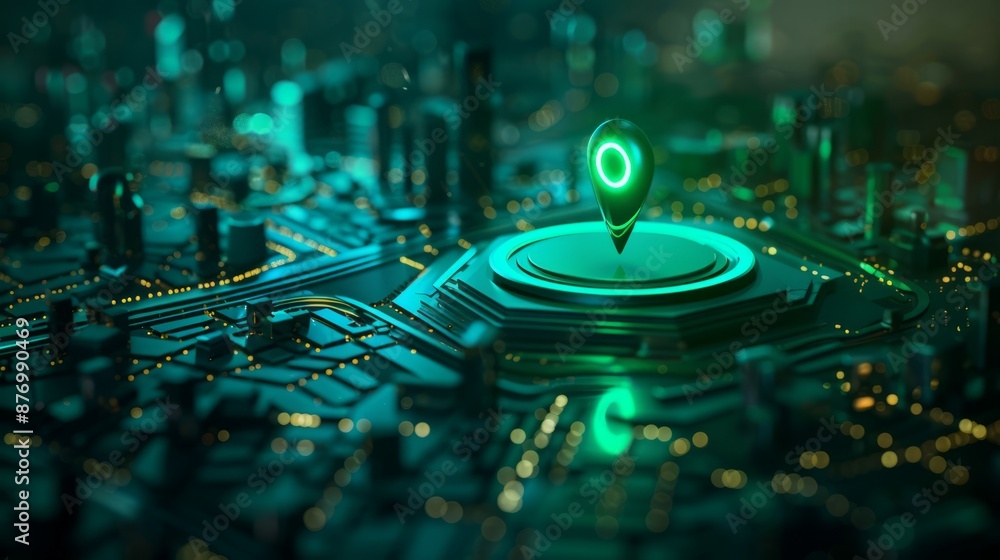 Poster location pin on futuristic cityscape. abstract image of a glowing location pin on a futuristic citys
