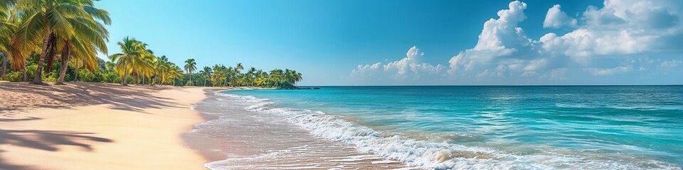Fototapeta premium Experience pure relaxation on an untouched beach: azure waters, sandy shores, and swaying palm trees.