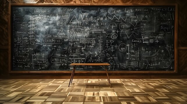 A blackboard with equations and symbols on it