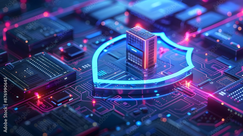 Poster futuristic illustration of cyber security concept with a glowing shield and microchip on a circuit b