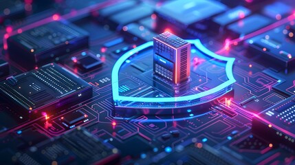 Futuristic illustration of cyber security concept with a glowing shield and microchip on a circuit board, highlighting data protection.
