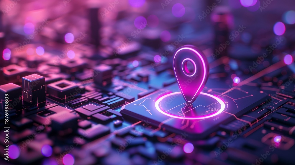 Aufkleber digital location marker on circuit board. neon location pin icon glowing on a circuit board backgrou