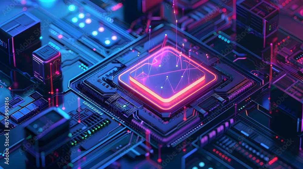 Poster futuristic microchip on a neon-lit circuit board, symbolizing advanced technology and artificial int