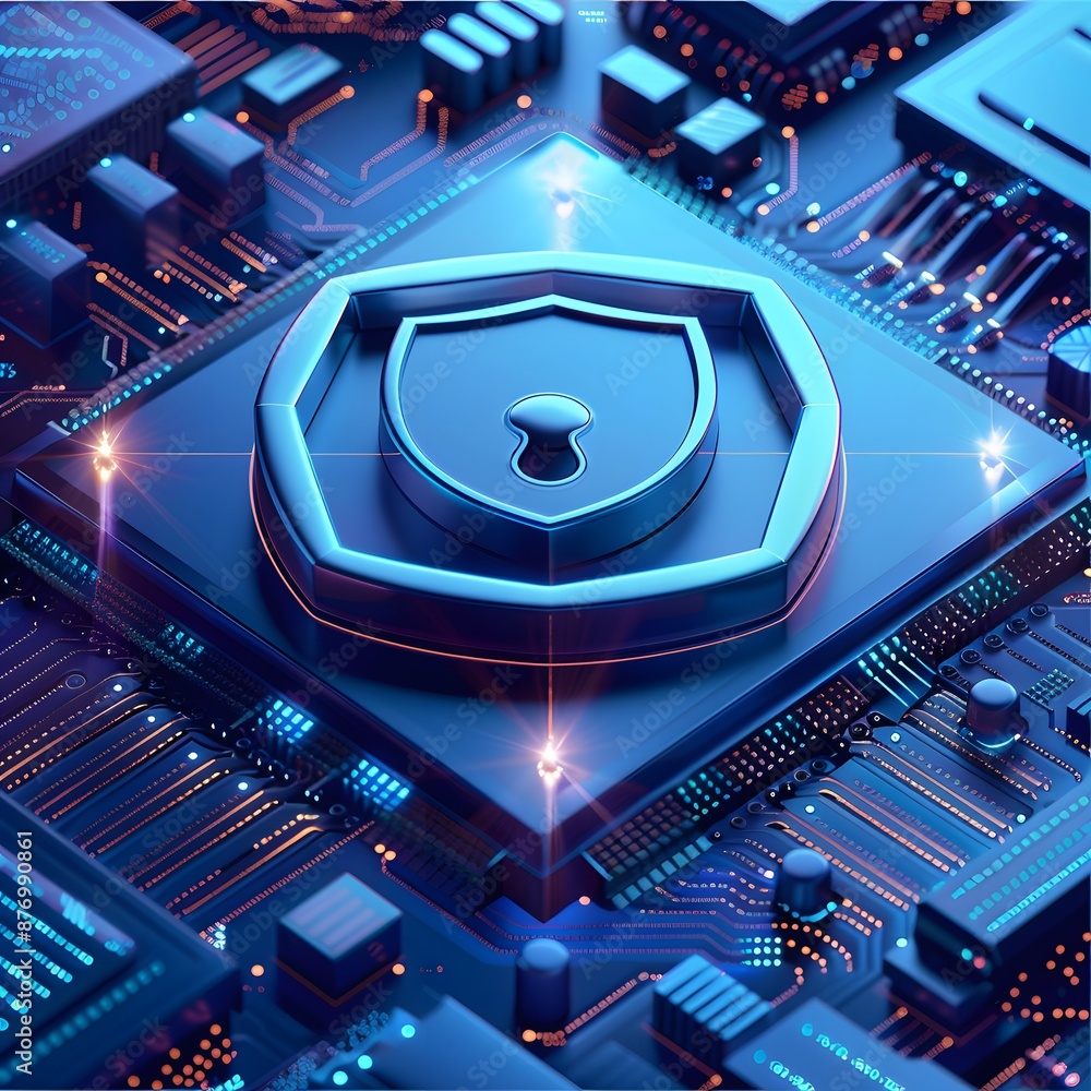 Poster futuristic microchip with digital security shield symbolizing cybersecurity and data protection, ill