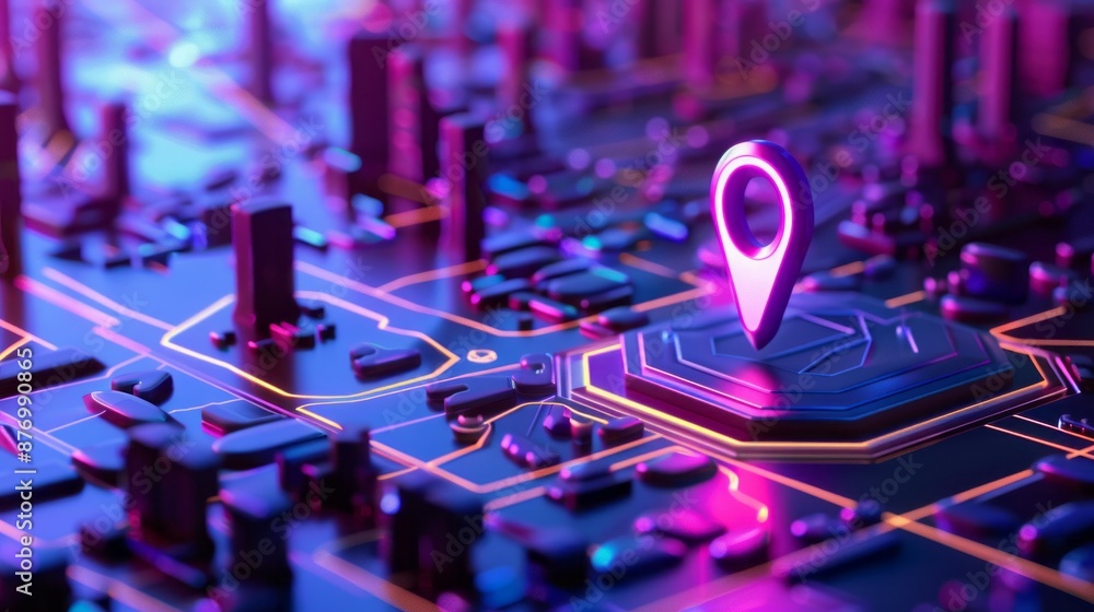 Poster location pin on circuit board. abstract image of a location pin on a glowing circuit board.
