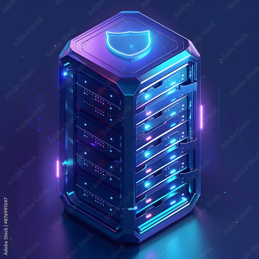 Aufkleber futuristic server rack with vibrant led lights and a secure shield icon, representing advanced techn