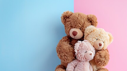 Obraz premium Brown teddy bear mother hugging her baby isolated on pink and blue background