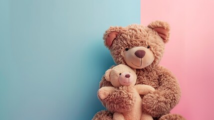 Obraz premium Brown teddy bear mother hugging her baby isolated on pink and blue background