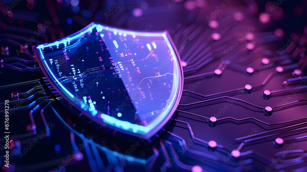 Poster futuristic shield representing cybersecurity and data protection in a glowing circuit board environm