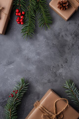 Elegant Festive Dark Christmas Background with Copy Space and Gold Ornaments, Glittering Decorations, Fir Branches, Pine Cones, and Dark Holiday Theme for Seasonal Greeting Cards