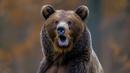Obraz premium A brown bear is standing in a forest with its mouth open