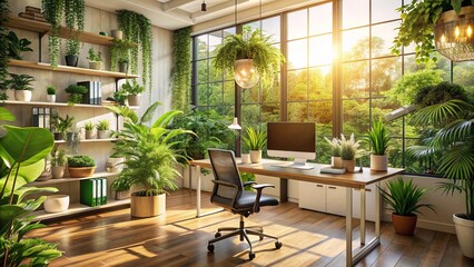 Fototapeta premium Serene modern workspace filled with lush greenery, bathed in warm light, evoking feelings of productivity and relaxation.
