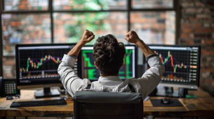 business man congratulations stock trader sitting at a desk in front of computer monitors