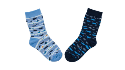 Pair of blue mismatched socks with fish and stripe patterns isolated in transparent background, perfect for fun and quirky style.
