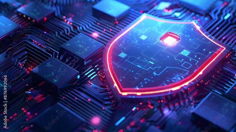 Poster high-tech digital circuit board with a glowing red shield, symbolizing cybersecurity and data protec