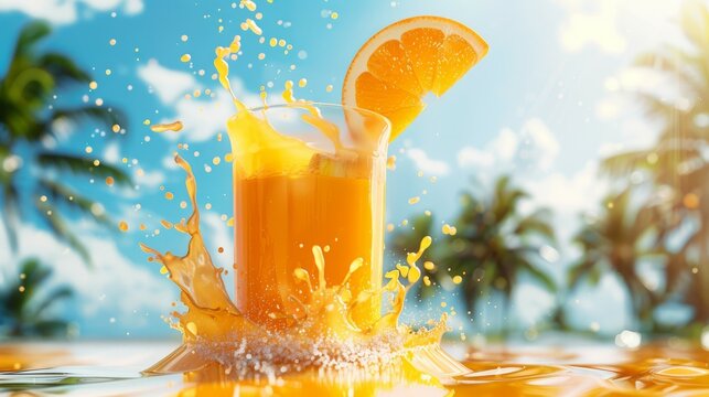 Orange juice splash beach. Refreshing orange juice splash with a tropical beach backdrop. Perfect for summer drinks, cocktails, and healthy lifestyle concepts.