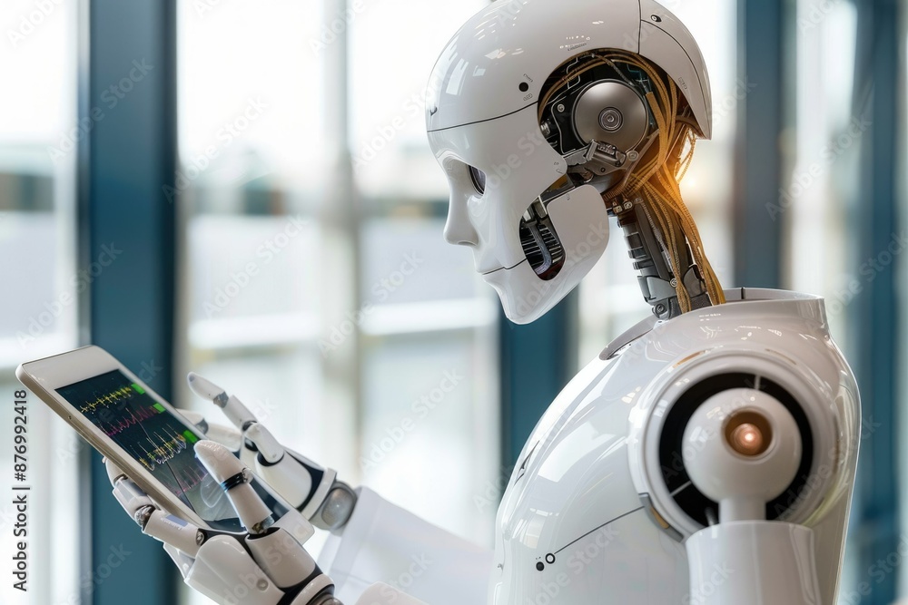Poster robotic hand on circuit board with stethoscope symbolizes the merging of medical knowledge and techn
