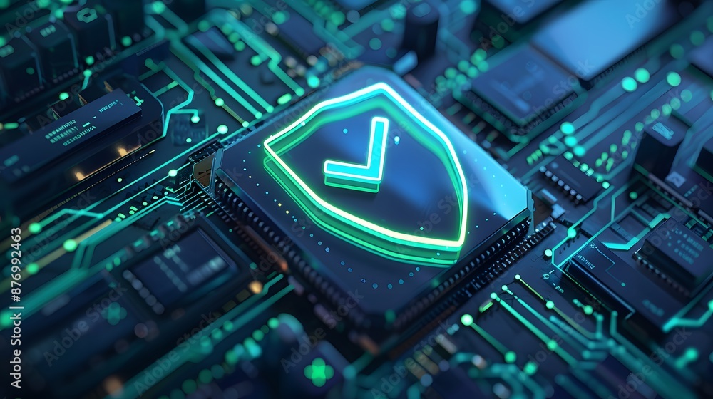 Aufkleber microchip with glowing shield icon, symbolizing cybersecurity and technology protection on a circuit