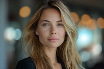 Obraz premium A confident businesswoman with blonde hair, smiling in a professional portrait, exuding success and natural beauty.