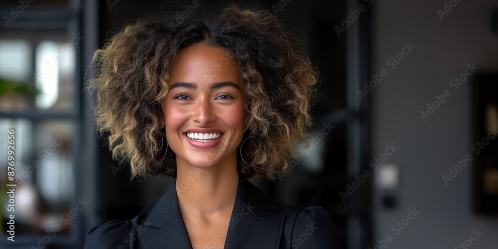 Wall mural a positive portrait of a smiling, curly-haired model exuding confidence and happiness in a modern se