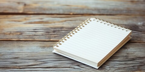 A spiral bound notebook sits on a wooden table. The notebook is empty and the table is made of wood