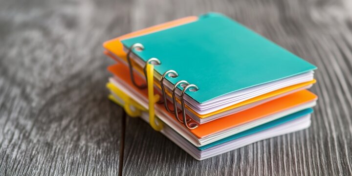 A stack of colorful notebooks with yellow and orange pages. The notebooks are bound together with rubber bands