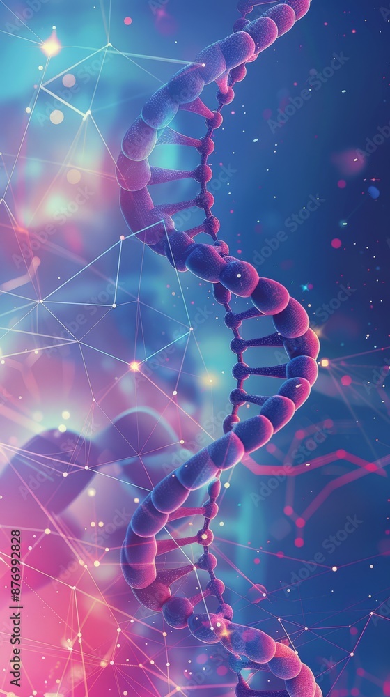 Poster bright and colorful dna helix with light particles on a blurred background. genetics and biotechnolo
