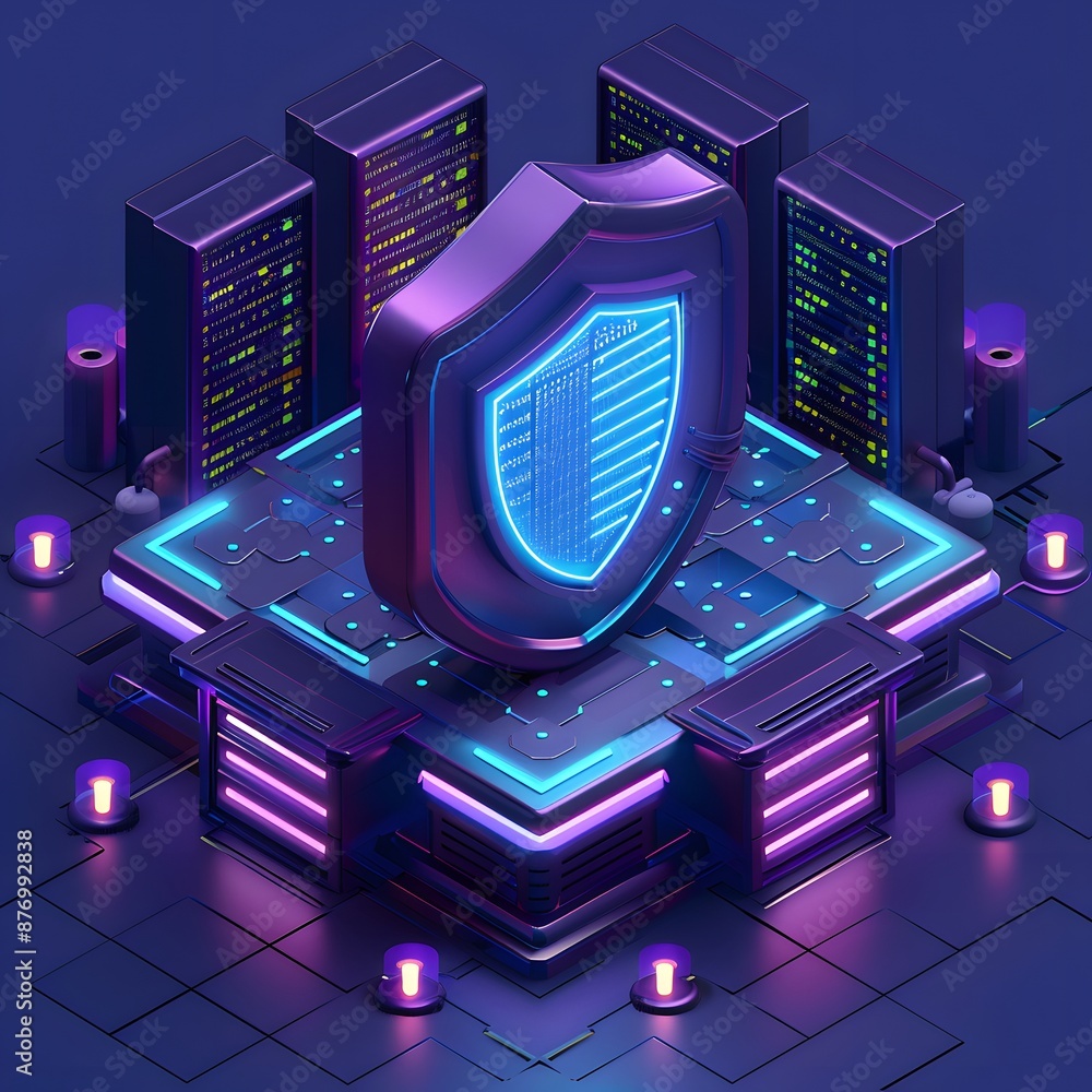 Poster secure server data center with blue shield and futuristic neon lights symbolizing cybersecurity and 