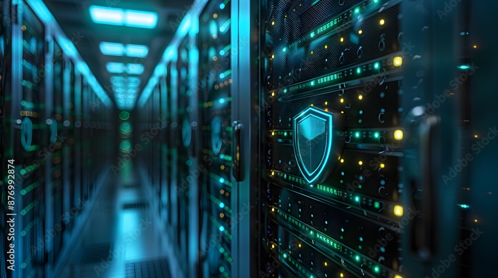 Poster server room with data security interface showing in a high-tech, futuristic environment.