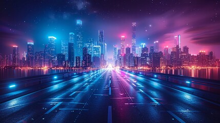 Futuristic Neon Cityscape at Night with Vibrant Lights and Skyscrapers - Generative AI