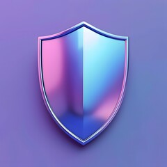 Shiny blue and pink metallic shield on purple background representing protection, security, defense, and safety concepts.