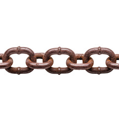 Fototapeta premium Close-up of a rusty metal chain with interconnected links isolated on a white background, symbolizing strength and unity.