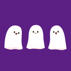 Cute ghost floating with Halloween. Funny spooky boo character. Spook phantom with happy smiling face expression. Isolated kids flat vector illustration.